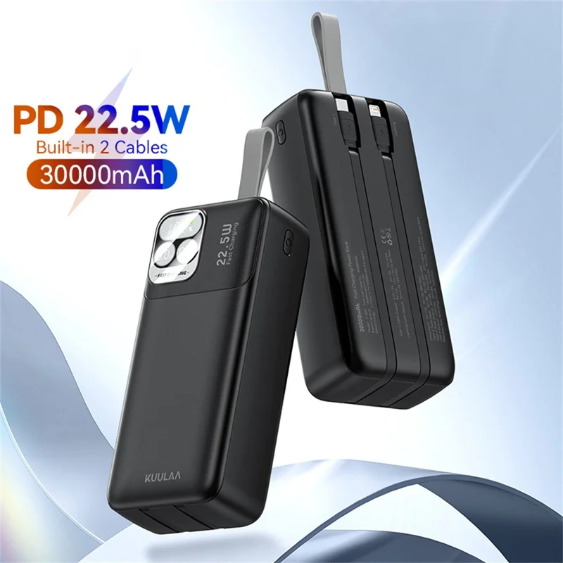 KUULAA KL-P300 Power Bank da 30000mAh con Ricarica Veloce 22.5W Caricabatterie Portatile con Cavi Type C + iP Integrati