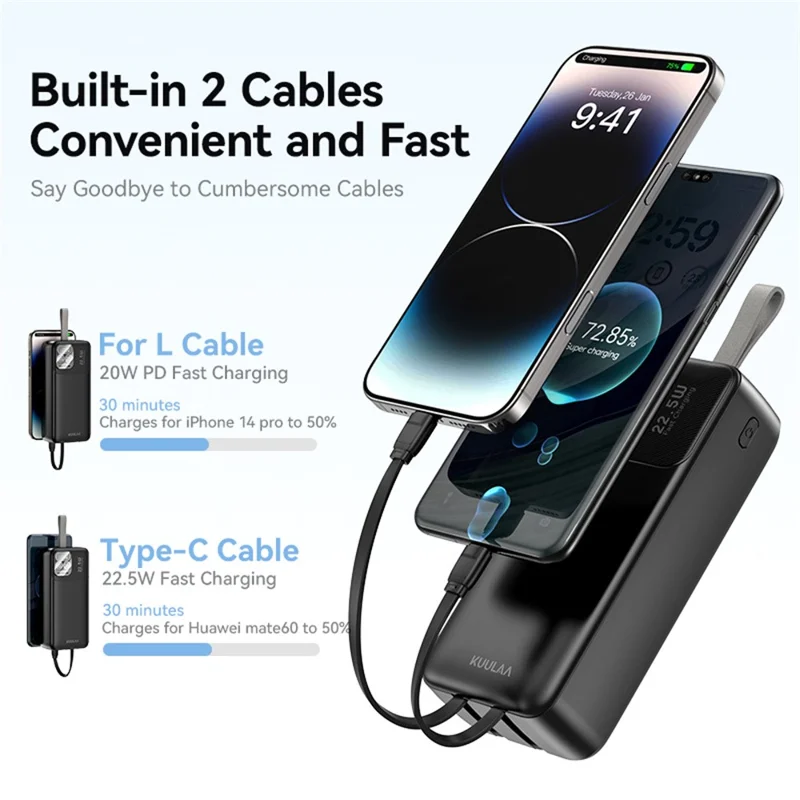 KUULAA KL-P300 Power Bank da 30000mAh con Ricarica Veloce 22.5W Caricabatterie Portatile con Cavi Type C + iP Integrati