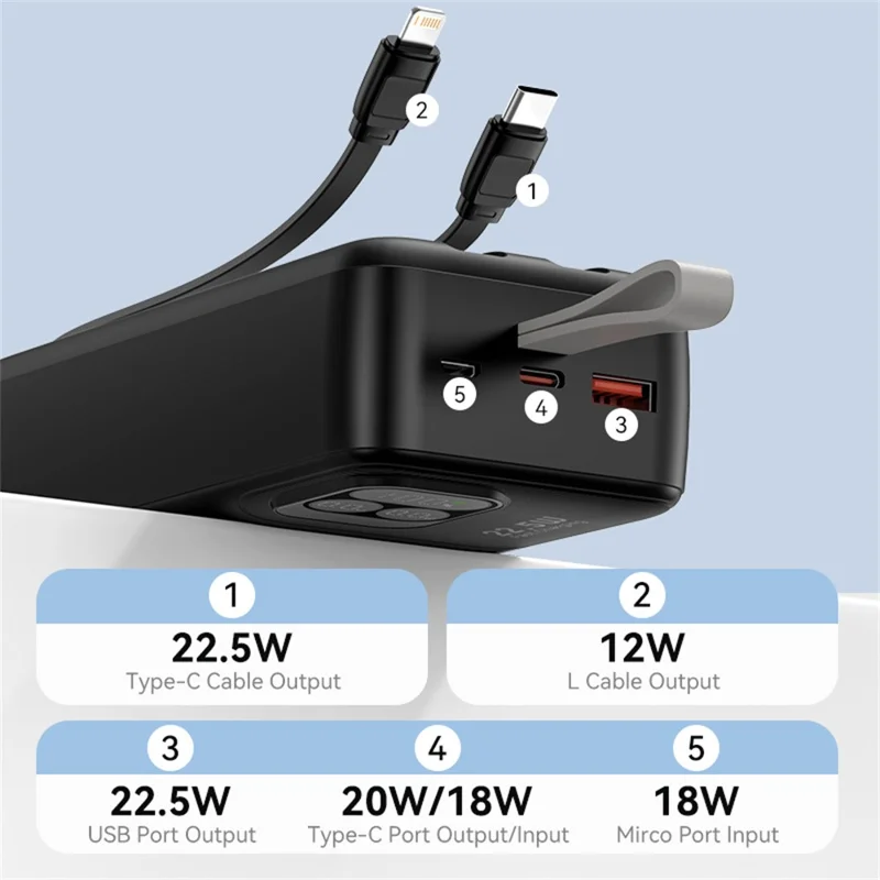 KUULAA KL-P300 Power Bank da 30000mAh con Ricarica Veloce 22.5W Caricabatterie Portatile con Cavi Type C + iP Integrati