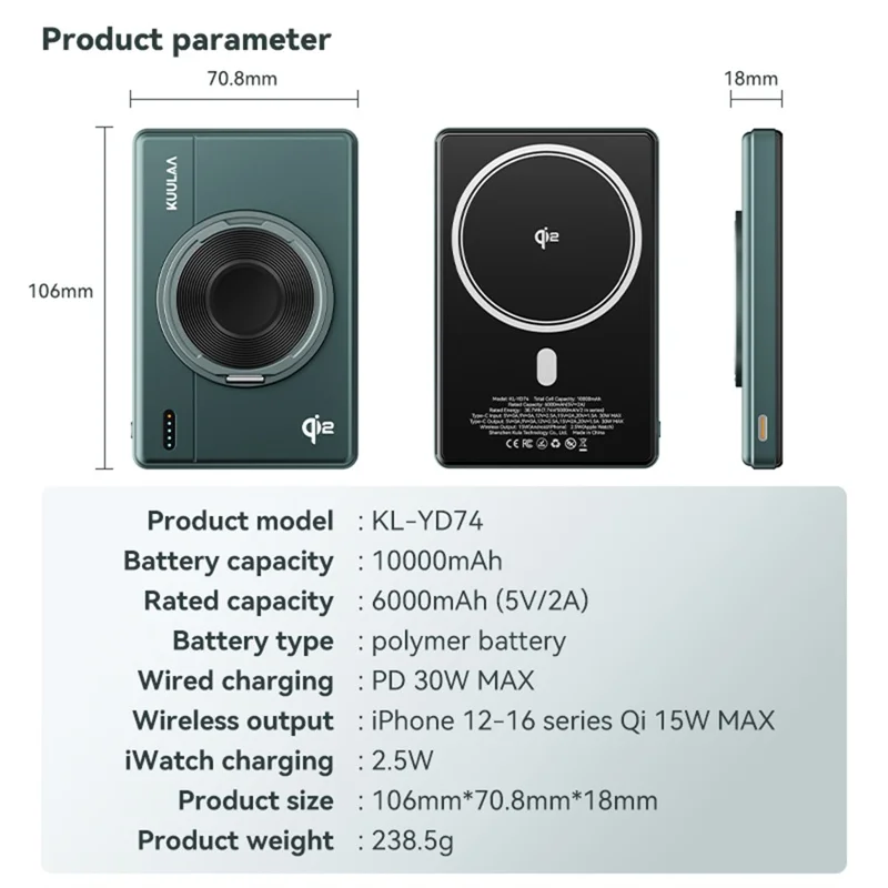 KUULAA KL-YD74 15W Magnetic Wireless Charging 10000mAh QI2 Power Bank with Rotating Stand