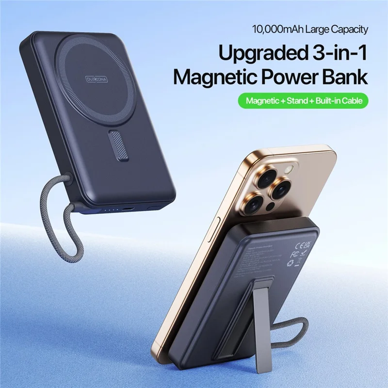 DUZZONA P2 Magnetische kabellose Ladestation 10.000 mAh Powerbank mit aufklappbarem Ständer und integriertem USB-C-Kabel