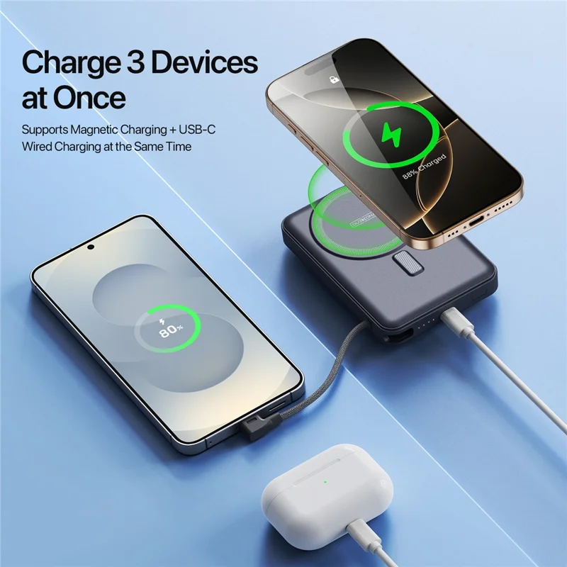 DUZZONA P2 Magnetische kabellose Ladestation 10.000 mAh Powerbank mit aufklappbarem Ständer und integriertem USB-C-Kabel