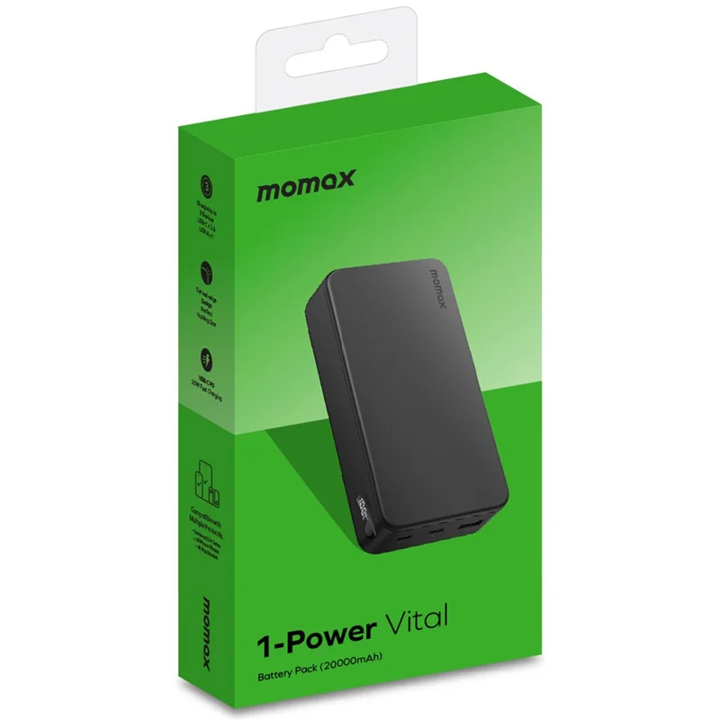 MOMAX 1-Power Vital Power Bank 20000mAh PD 20W Caricabatterie Veloce 2 Type-C + 1 USB-A per Telefono - Nero