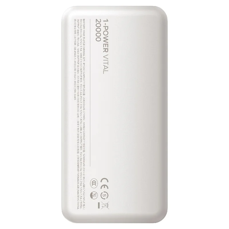 MOMAX 1-Power Vital Batterie Externe 20000mAh PD 20W Charge Rapide 2 Type-C + 1 USB-A Chargeur de Téléphone - Blanc