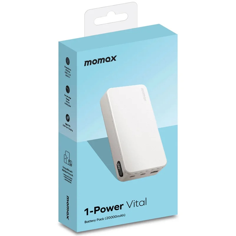 MOMAX 1-Power Vital Batterie Externe 20000mAh PD 20W Charge Rapide 2 Type-C + 1 USB-A Chargeur de Téléphone - Blanc