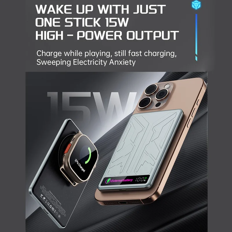 F16 5000mAh Mecha Portable Charger Ultra Thin 15W Magnetic Power Bank for iPhone  /  AirPods  /  Apple Watch