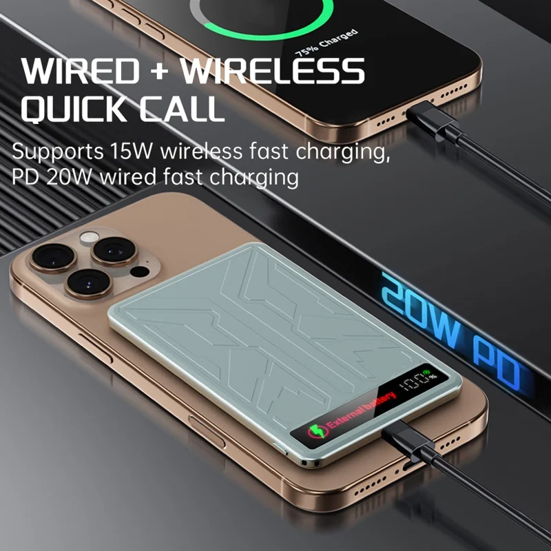 F16 5000mAh Mecha Portable Charger Ultra Thin 15W Magnetic Power Bank for iPhone  /  AirPods  /  Apple Watch