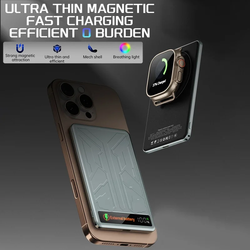 F16 5000mAh Mecha Portable Charger Ultra Thin 15W Magnetic Power Bank for iPhone  /  AirPods  /  Apple Watch