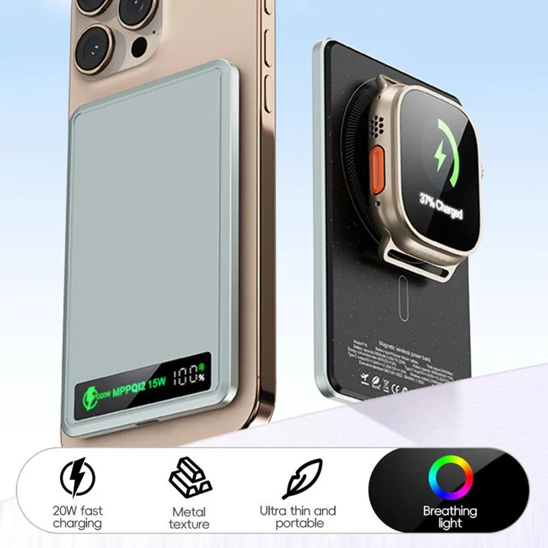F16 10000mAh Digital Display Portable Charger Ultra Thin 15W Magnetic Power Bank for iPhone  /  AirPods  /  Apple Watch - Rose Gold