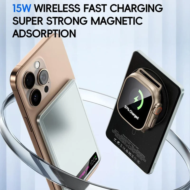 F16 10000mAh Digital Display Portable Charger Ultra Thin 15W Magnetic Power Bank for iPhone  /  AirPods  /  Apple Watch - Rose Gold