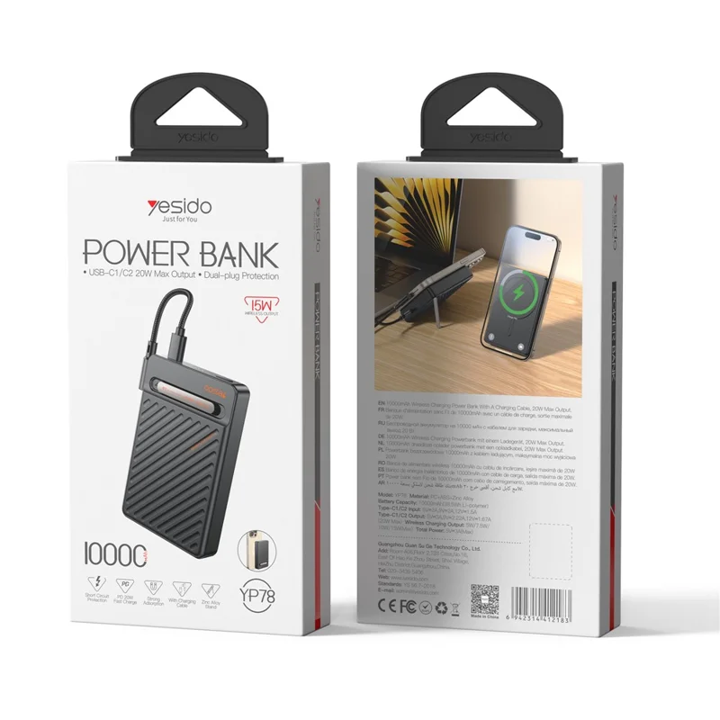 YESIDO YP78 Magnetic Wireless Charging 10000mAh Phone Power Bank with Built-in Cable + Kickstand