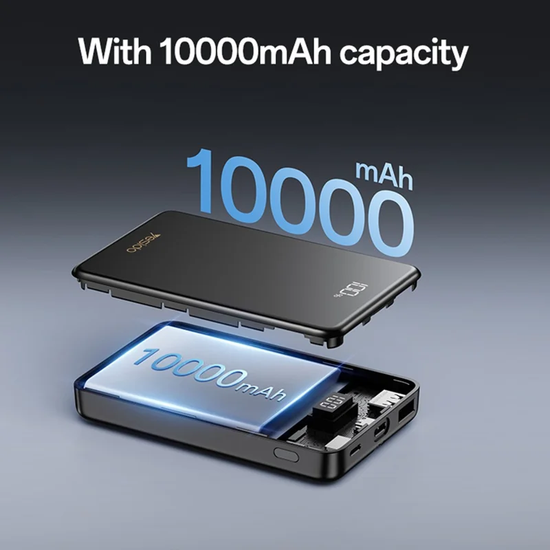 YESIDO YP75 10000mAh Digital Display Portable Charger 22.5W Fast Charging Power Bank Built In iP Cable