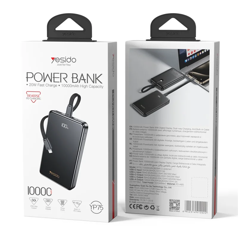 YESIDO YP75 10000mAh Digital Display Portable Charger 22.5W Fast Charging Power Bank Built In iP Cable