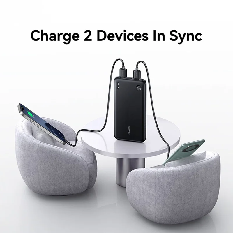 USAMS PB83 CD253 10000mAh Power Bank with 2 USB Outputs Portable Charger for Android iPhone - White