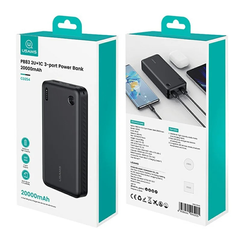 USAMS PB83 CD254 20000mAh Powerbank mit 2 USB-Ausgängen Tragbares Ladegerät für Android iPhone - Schwarz