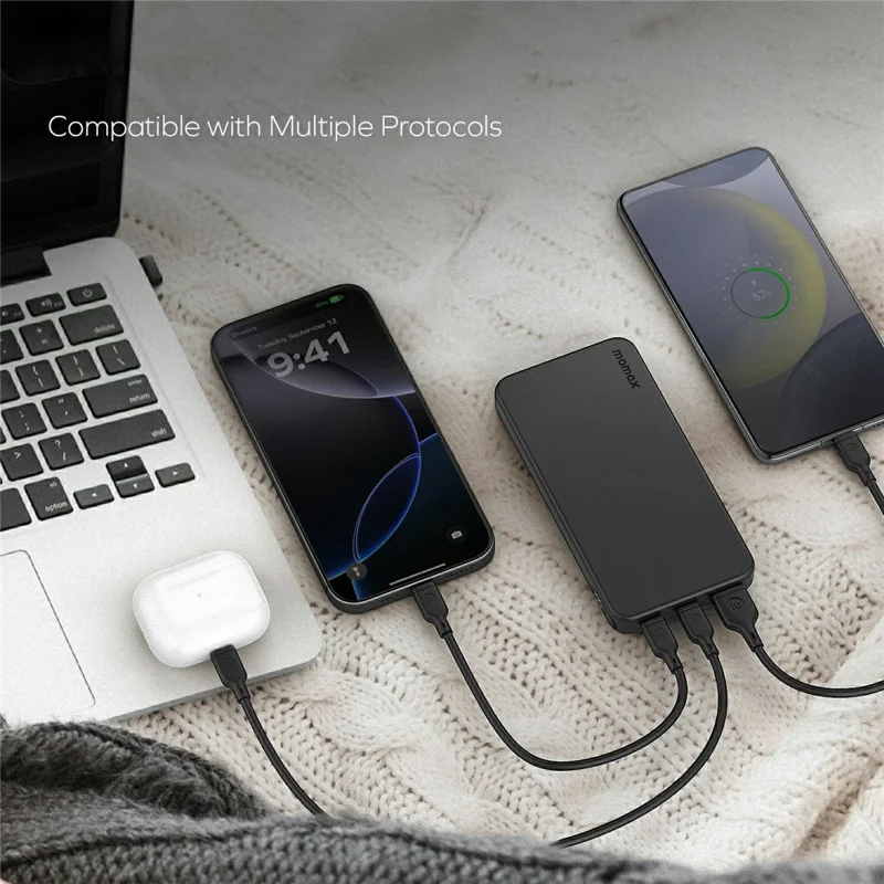 MOMAX 1-Power Vital 10000mAh Power Bank 20W PD Fast Charging 2 USB-C + 1 USB-A LED Display Phone Charger - Black