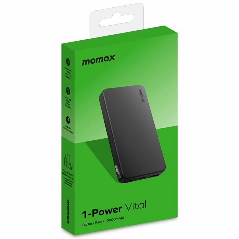 MOMAX 1-Power Vital 10000mAh Power Bank 20W PD Fast Charging 2 USB-C + 1 USB-A LED Display Phone Charger - Black