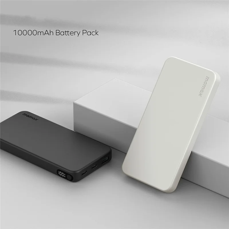 MOMAX 1-Power Vital 10000mAh Power Bank 20W PD Fast Charging 2 USB-C + 1 USB-A LED Display Phone Charger - Black
