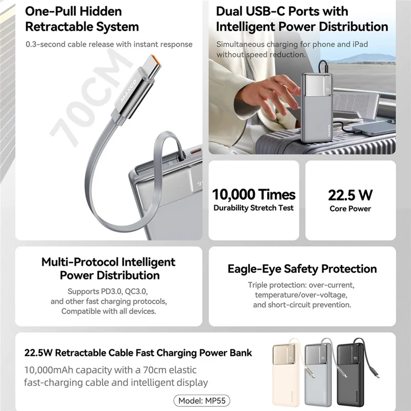 MAXCO MP55 10000mAh Power Bank 22.5W Fast Charging Battery Pack with 70cm Retractable Type C Cable - Grey