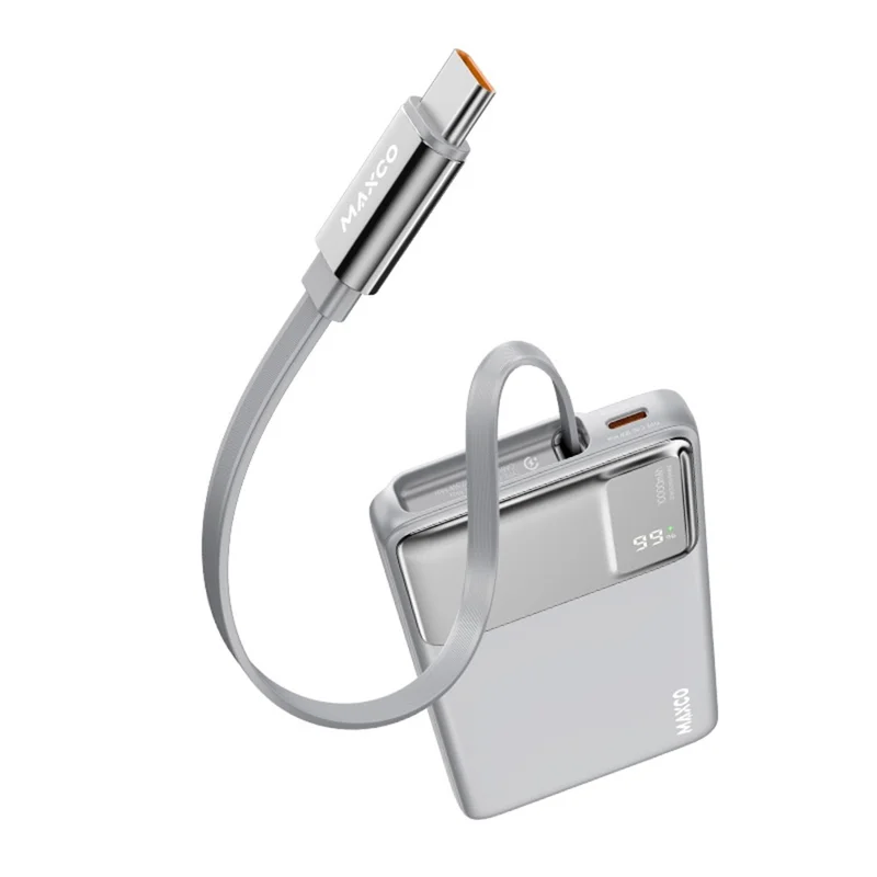 MAXCO MP55 10000mAh Power Bank 22.5W Fast Charging Battery Pack with 70cm Retractable Type C Cable - Grey