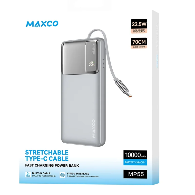MAXCO MP55 10000mAh Power Bank 22.5W Fast Charging Battery Pack with 70cm Retractable Type C Cable - Grey