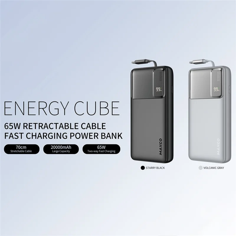 MAXCO MP42 65W Fast Charging 20000mAh Portable Power Bank with 70cm Retractable Type C Cable - Grey