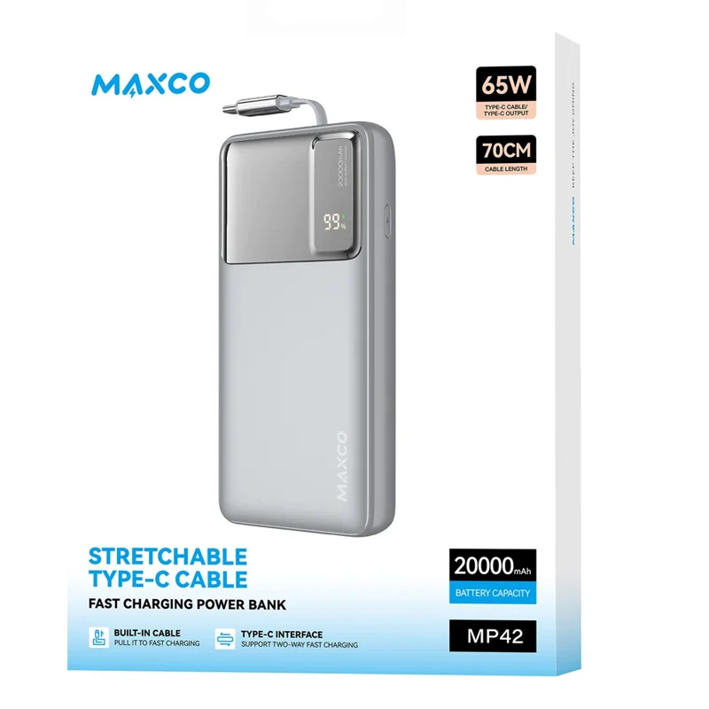 MAXCO MP42 65W Fast Charging 20000mAh Portable Power Bank with 70cm Retractable Type C Cable - Grey