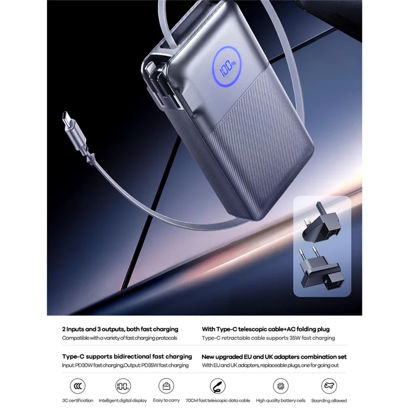 REMAX CP-5 35W Power Bank 10000mAh Wall Charger with Retractable Cable and EU Plug  /  UK Plug