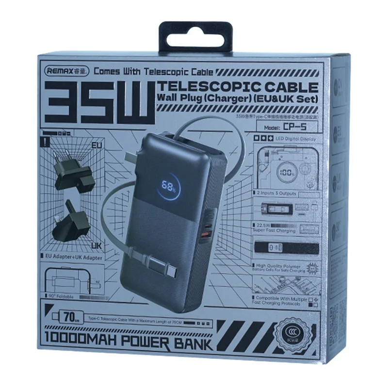 REMAX CP-5 35W Power Bank 10000mAh Wall Charger with Retractable Cable and EU Plug  /  UK Plug