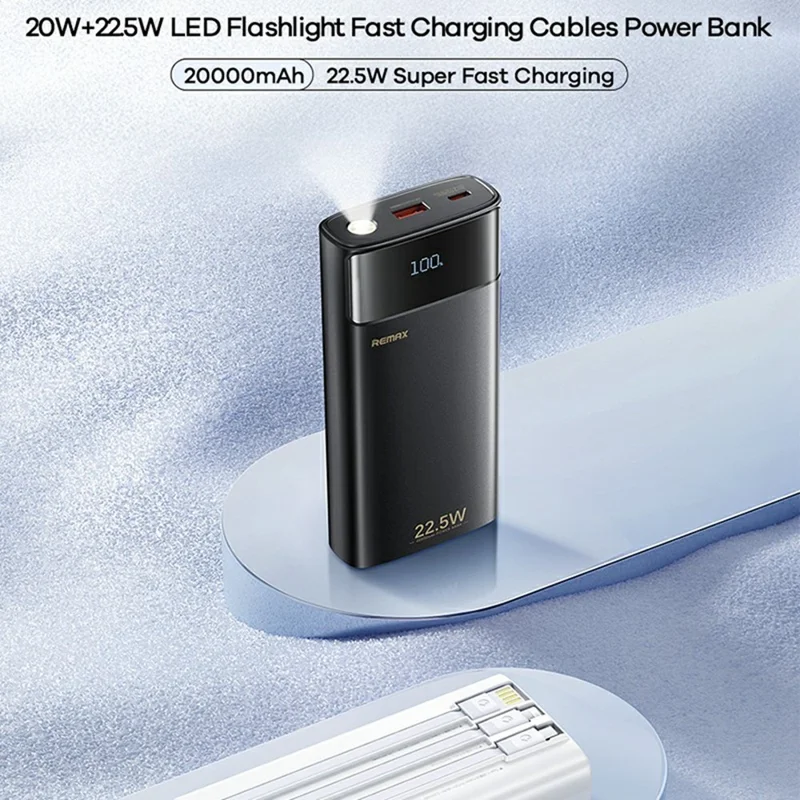 REMAX FC-12 Portable 20000mAh Power Bank Built In Type C  /  USB  /  iP Cables with LED Flashlight - Black