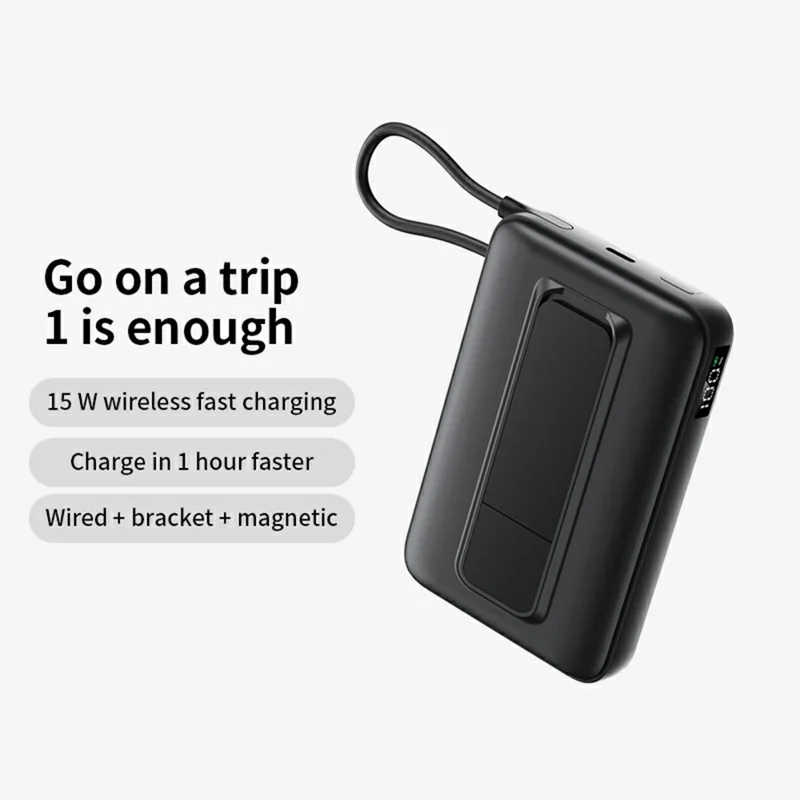 JJT-C49 CH-C902 10000mAh Power Bank 15W Magnetic Wireless Charger Built In Type C Cable and Stand - Black