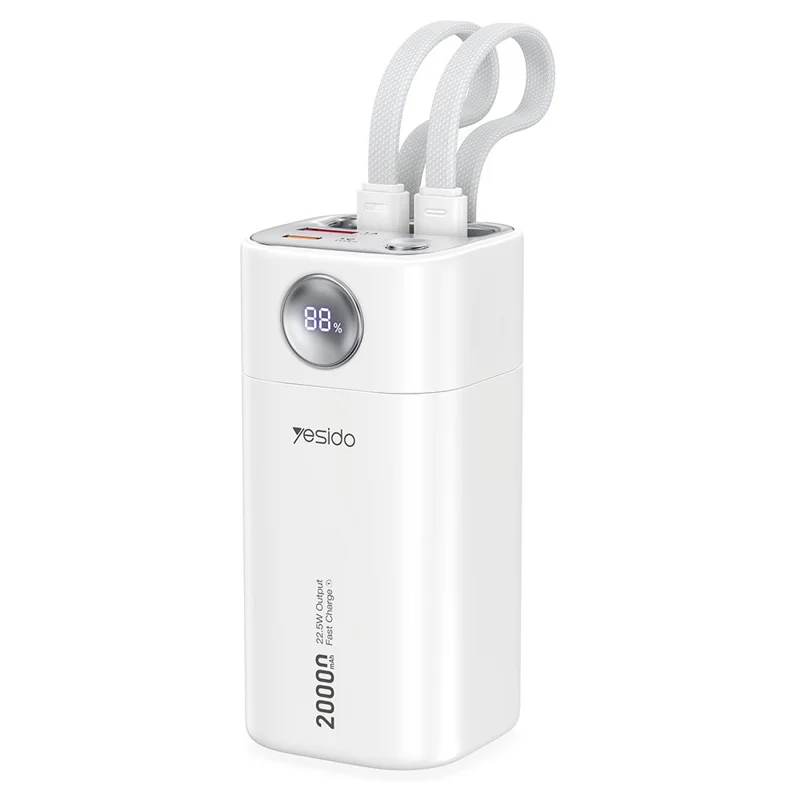 YESIDO YP86 20000mAh Power Bank Fast Charging 22.5W Digital Display Phone Charger with Built-in USB-C 8Pin Cables