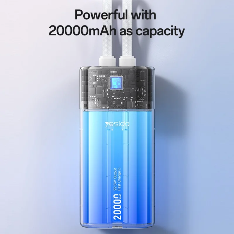 YESIDO YP86 20000mAh Power Bank Fast Charging 22.5W Digital Display Phone Charger with Built-in USB-C 8Pin Cables