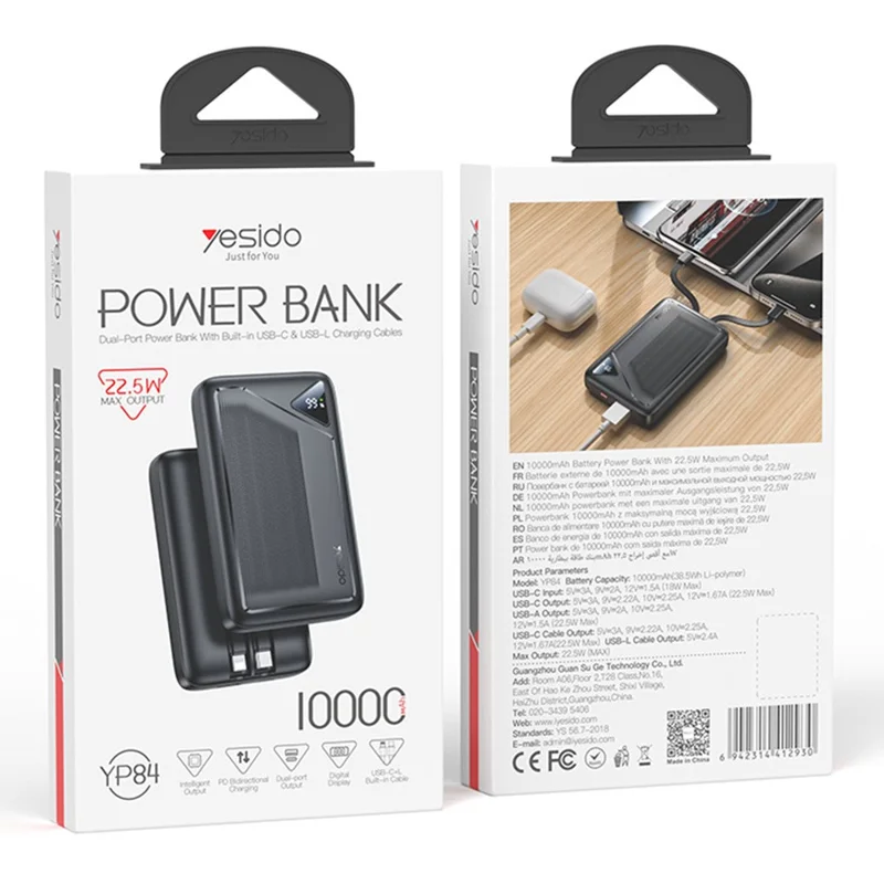 YESIDO YP84 10000mAh Power Bank Digital Display 22.5W Fast Charging Portable Phone Charger with Built-in Type-C 8Pin Cable
