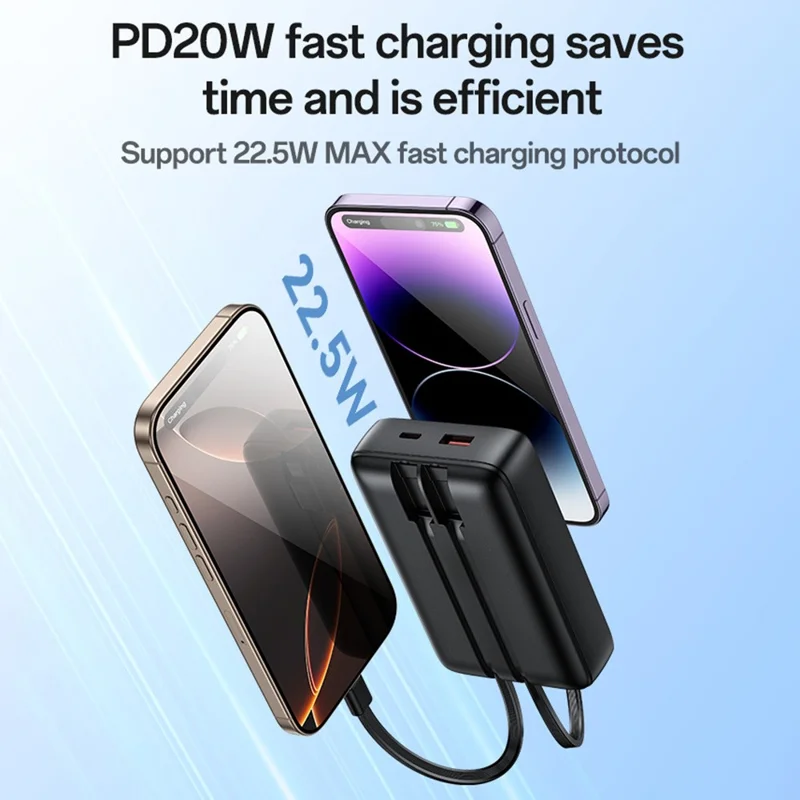 YESIDO YP84 10000mAh Power Bank Digital Display 22.5W Fast Charging Portable Phone Charger with Built-in Type-C 8Pin Cable