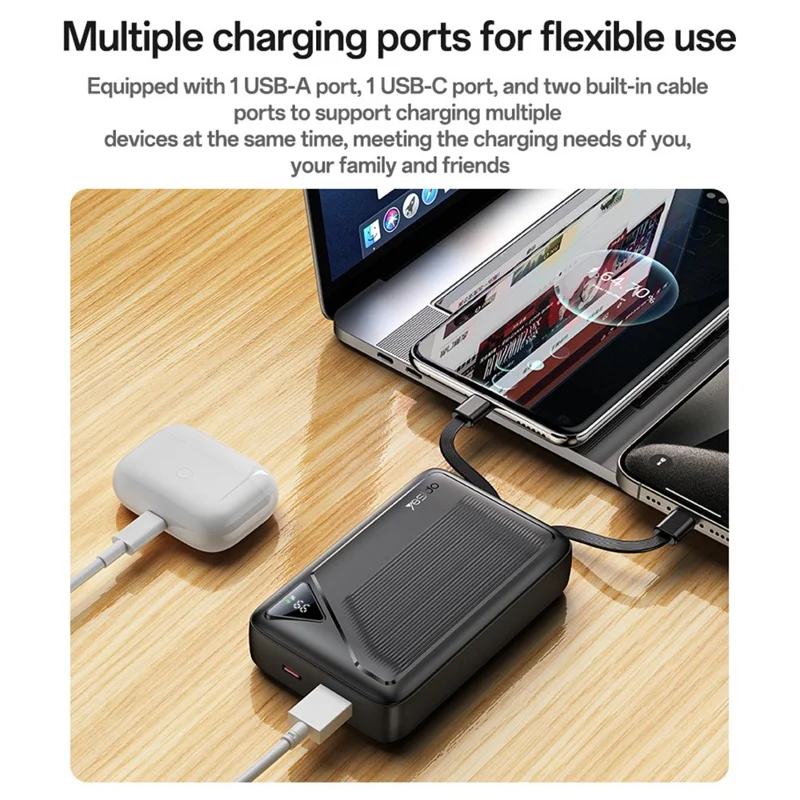 YESIDO YP84 10000mAh Power Bank Digital Display 22.5W Fast Charging Portable Phone Charger with Built-in Type-C 8Pin Cable