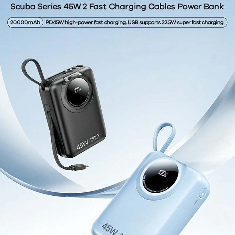REMAX FC-02 Power Bank 20000mAh Portable Charger 45W Fast Charging with Dual Built-in Cables - Black