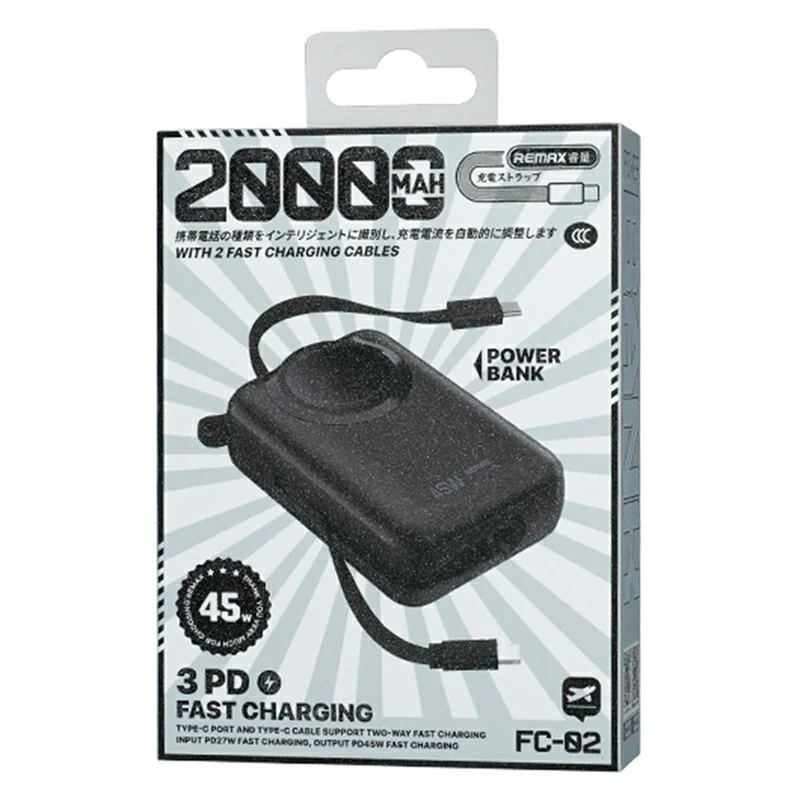 REMAX FC-02 Power Bank 20000mAh Portable Charger 45W Fast Charging with Dual Built-in Cables - Black