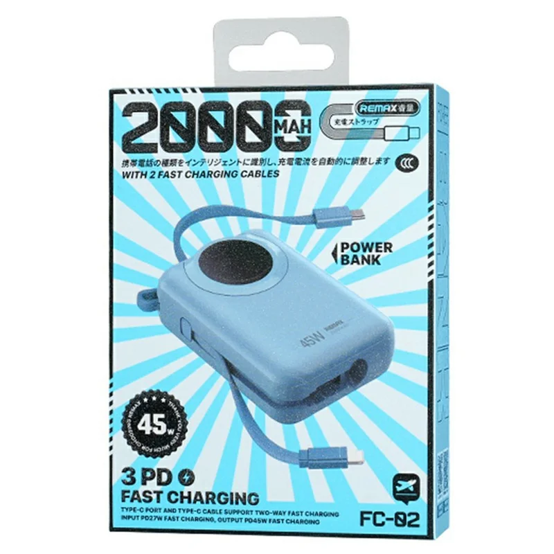 REMAX FC-02 Power Bank 20000mAh Portable Charger 45W Fast Charging with Dual Built-in Cables - Blue