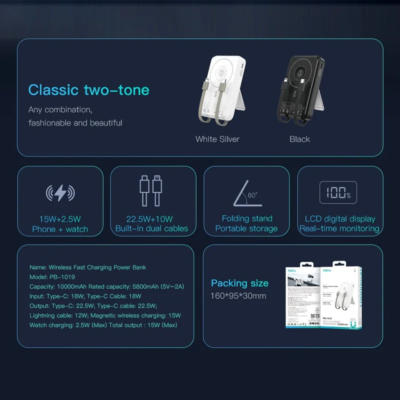 TOTU PB-1019 Magnetic Power Bank 10000mAh Fast Charging Stand with Cable for Mobile Devices - White