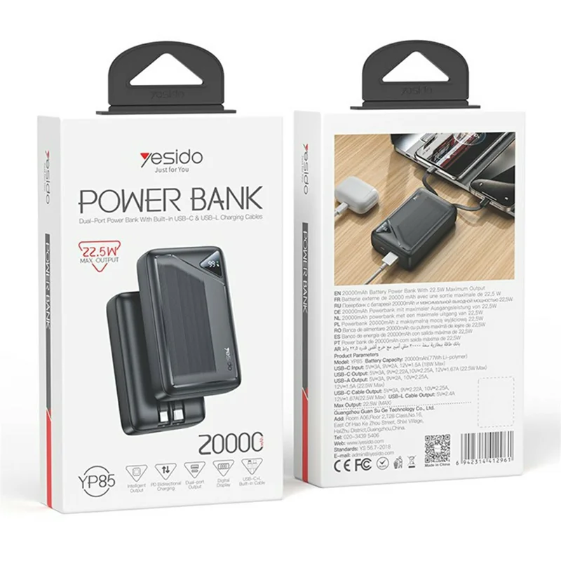 YESIDO YP85 20000mAh Power Bank with Built In Type C + iP Cables Digital Display 22.5W Fast Charging Portable Charger