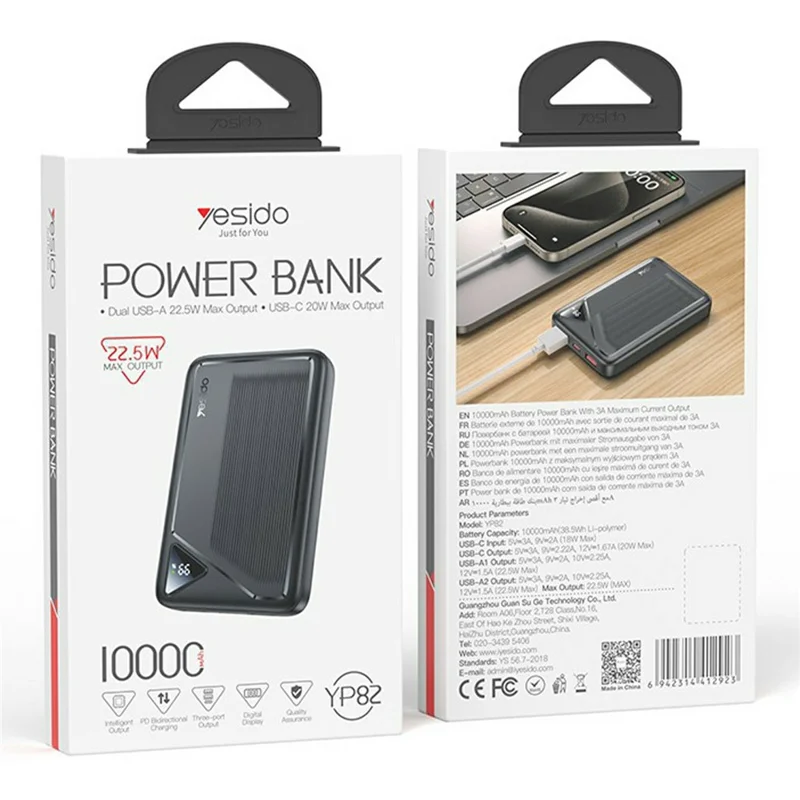 YESIDO YP82 10000mAh Power Bank Digital Display 22.5W Fast Charging Portable Charger