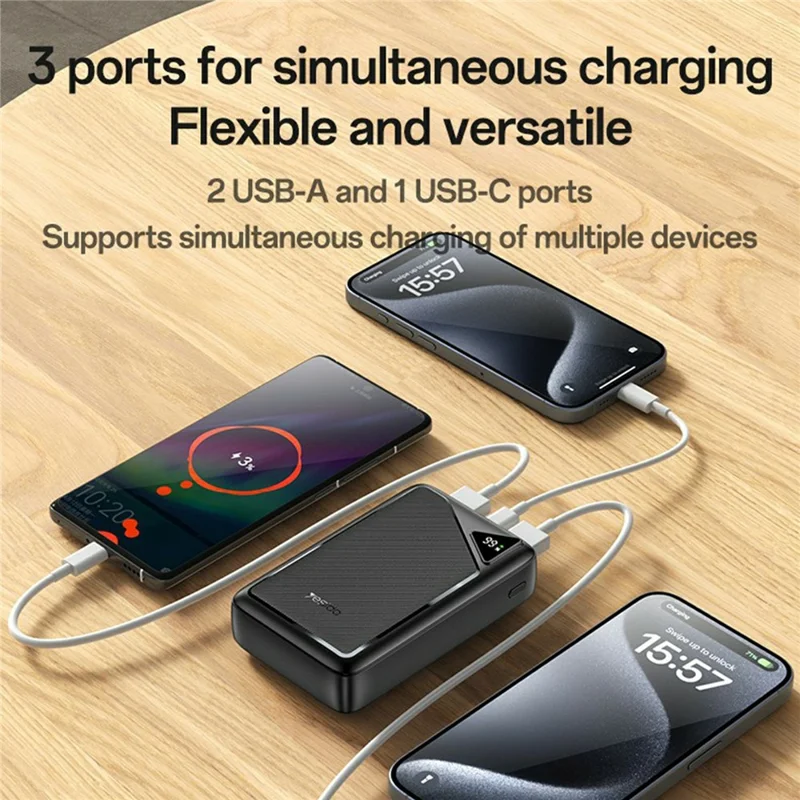 YESIDO YP80 10000mAh Power Bank Digital Display 2.4A Fast Charging Portable Charger with 2 USB + 1 Type C Ports