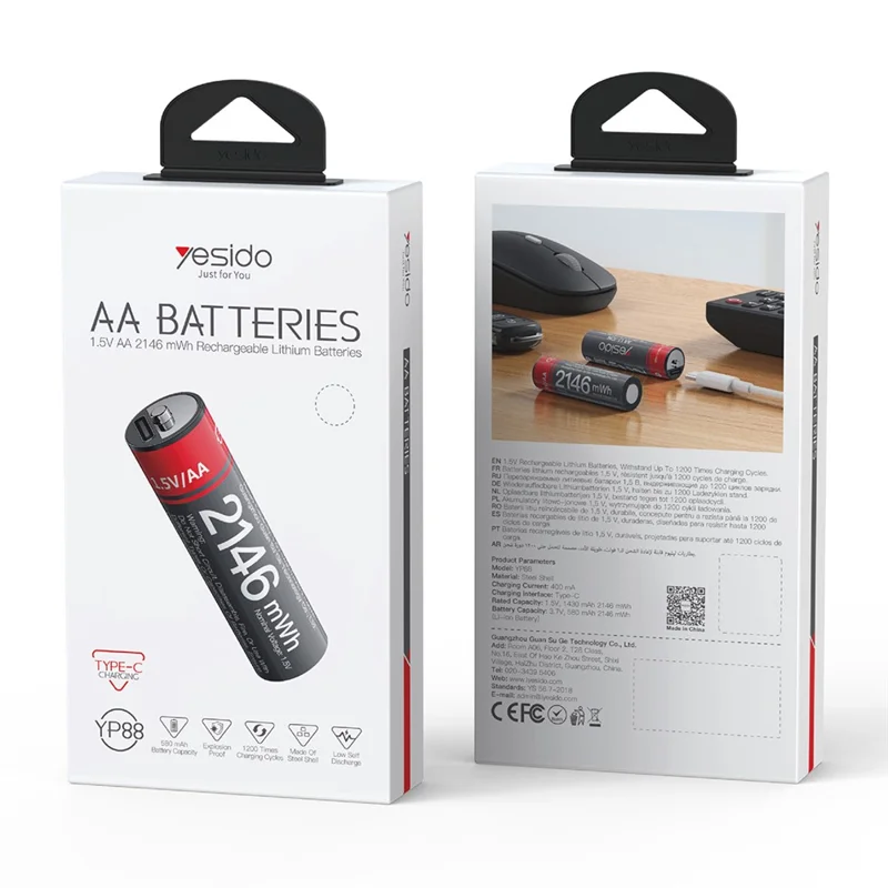 YESIDO YP88 4Pcs 580mAh AA Batteries for Electronics Toys Type C Rechargeable Lithium Battery