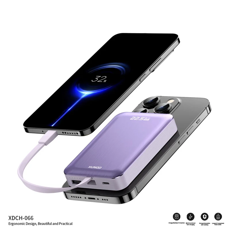 XUNDD XDCH-066 Magnetic Power Bank 10000mAh 22.5W Fast Charging Battery Pack Built-in Cable - Purple