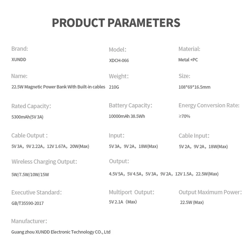 XUNDD XDCH-066 Magnetic Power Bank 10000mAh 22.5W Fast Charging Battery Pack Built-in Cable - Purple