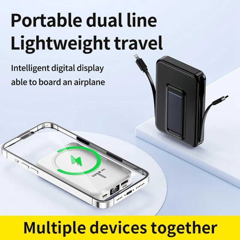 ZKD-02 10000mAh Power Bank 15W Magnetic Wireless Phone Charger with Built-in Cable Stand Design - Black