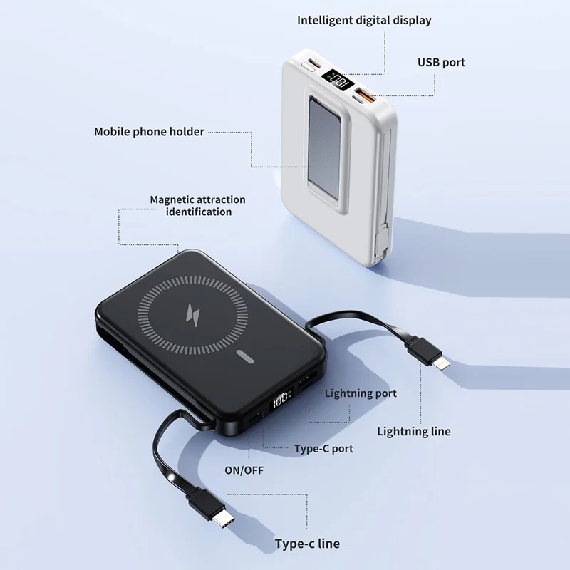 ZKD-02 10000mAh Power Bank 15W Magnetic Wireless Phone Charger with Built-in Cable Stand Design - Black