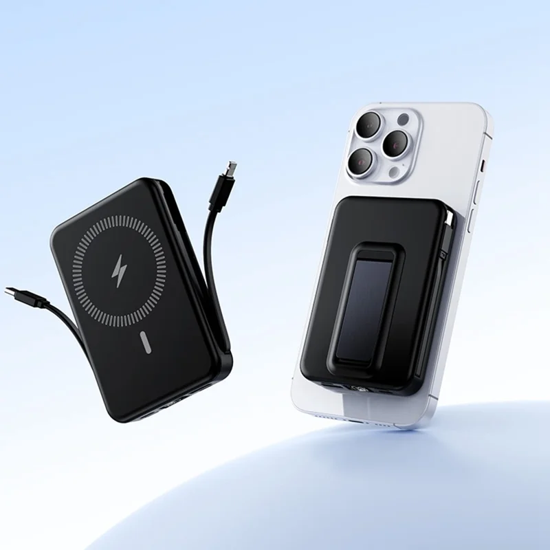 ZKD-02 10000mAh Power Bank 15W Magnetic Wireless Phone Charger with Built-in Cable Stand Design - Black