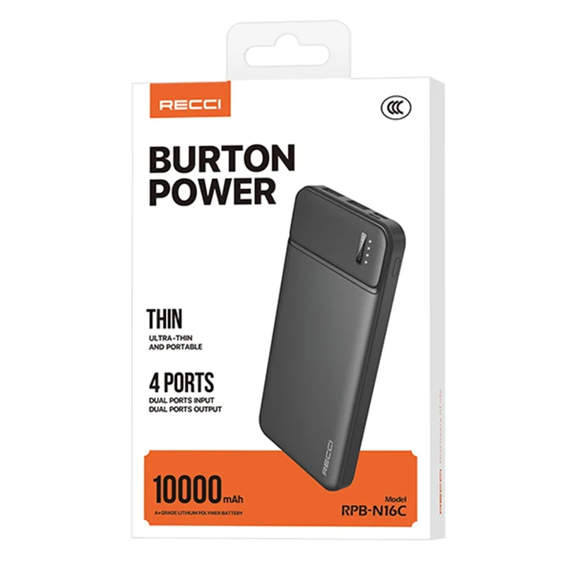 RECCI RPB-N16C 10000mAh Power Bank Dual USB Output Portable Phone Charger Ultra Slim - Black